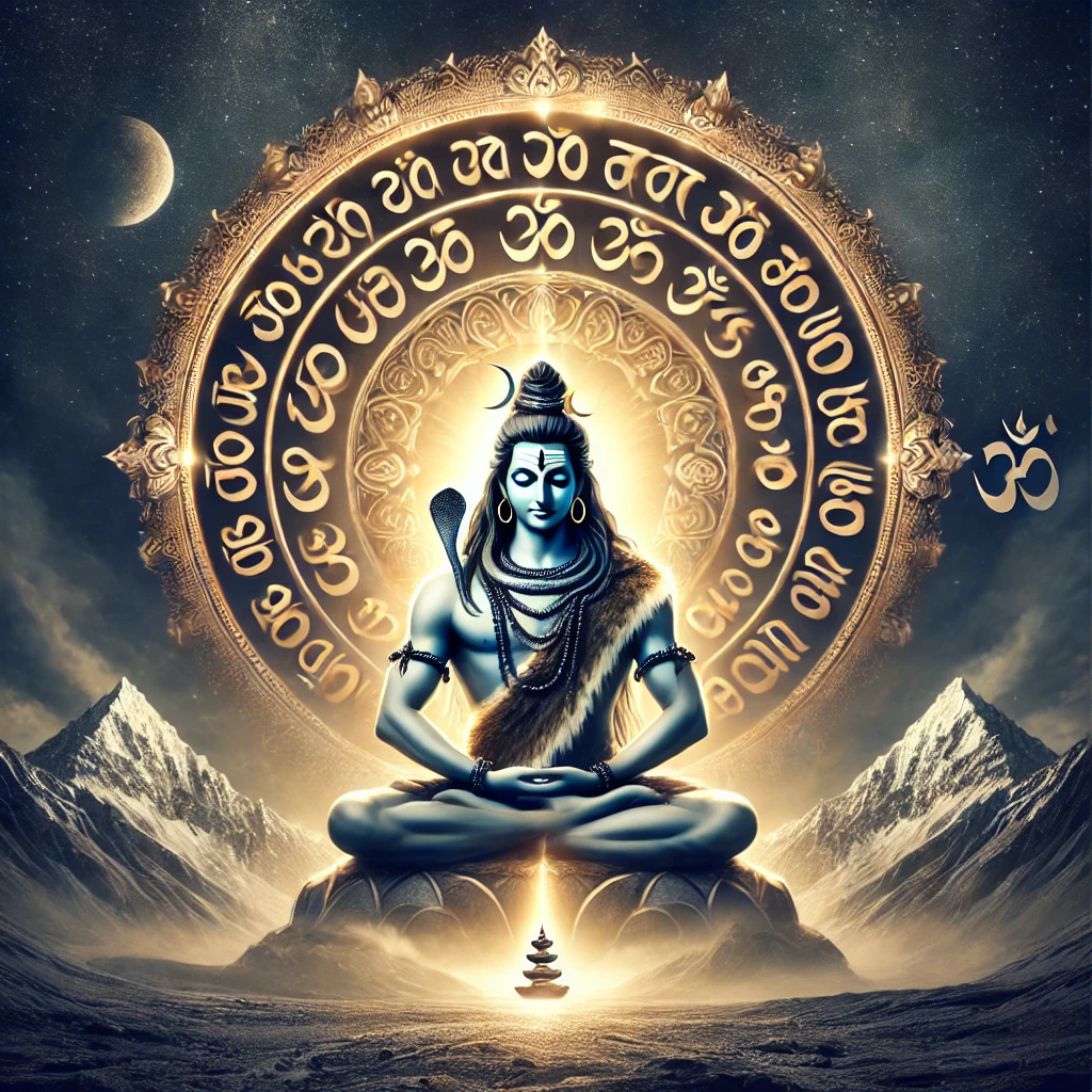।। Mahamrityunjaya Mantra।। महामृत्युंजय जाप एक दिव्य और रहस्यमय अनुष्ठान 1 DALL·E 2025 02 25 18.33.13 A divine and artistic image of Lord Shiva seated in deep meditation. Behind him the Maha Mrityunjaya Mantra is elegantly inscribed in Sanskrit radia