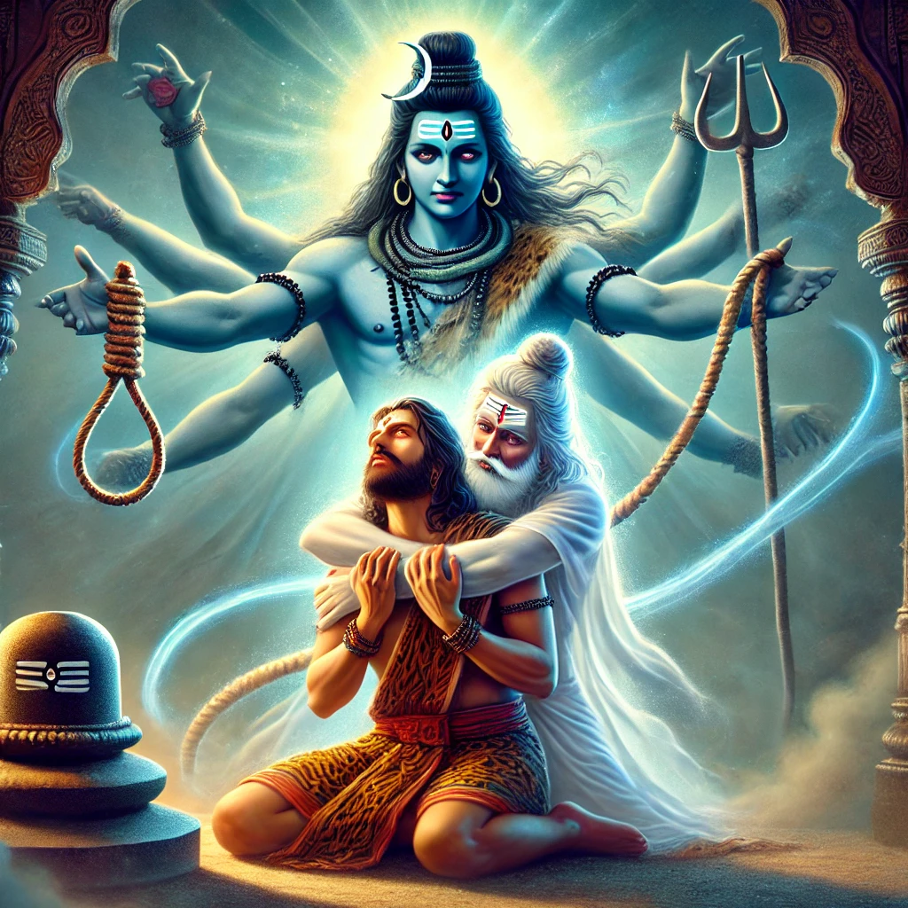 ।। Mahamrityunjaya Mantra।। महामृत्युंजय जाप एक दिव्य और रहस्यमय अनुष्ठान 3 DALL·E 2025 02 25 18.51.23 An artistic depiction of Sage Markandeya embracing a Shivalinga while Yama the god of death approaches him with a noose. Lord Shiva appears in a div