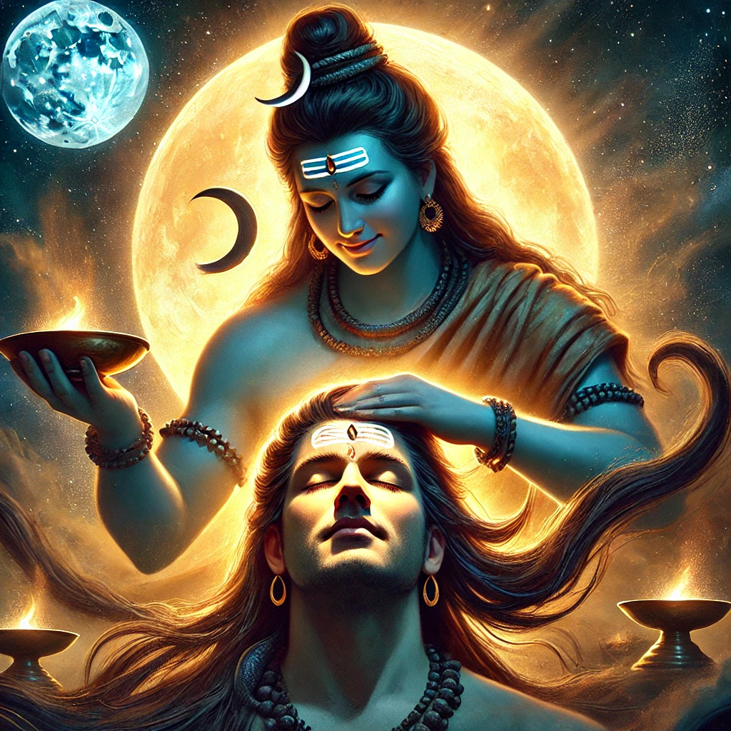 ।। Mahamrityunjaya Mantra।। महामृत्युंजय जाप एक दिव्य और रहस्यमय अनुष्ठान 4 DALL·E 2025 02 25 18.54.28 A divine depiction of Lord Shiva protecting Chandra Dev Moon God from a curse. Shiva is shown placing Chandra Dev on his matted hair symbolizing pr