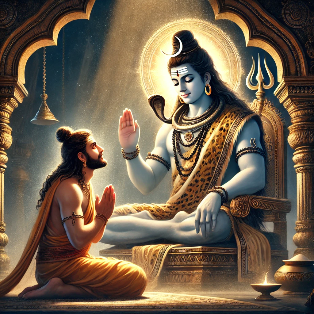 ।। Mahamrityunjaya Mantra।। महामृत्युंजय जाप एक दिव्य और रहस्यमय अनुष्ठान 5 DALL·E 2025 02 25 18.55.52 A divine scene depicting Lord Shiva granting a boon to Daksha Prajapati. Daksha with folded hands looks humbled and grateful while Lord Shiva seat