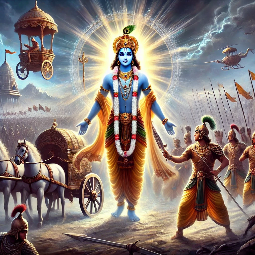 ।। Mahamrityunjaya Mantra।। महामृत्युंजय जाप एक दिव्य और रहस्यमय अनुष्ठान 6 DALL·E 2025 02 25 18.56.29 A powerful scene from the Mahabharata where Lord Krishna chants the Maha Mrityunjaya Mantra to protect Abhimanyu. The battlefield of Kurukshetra is in