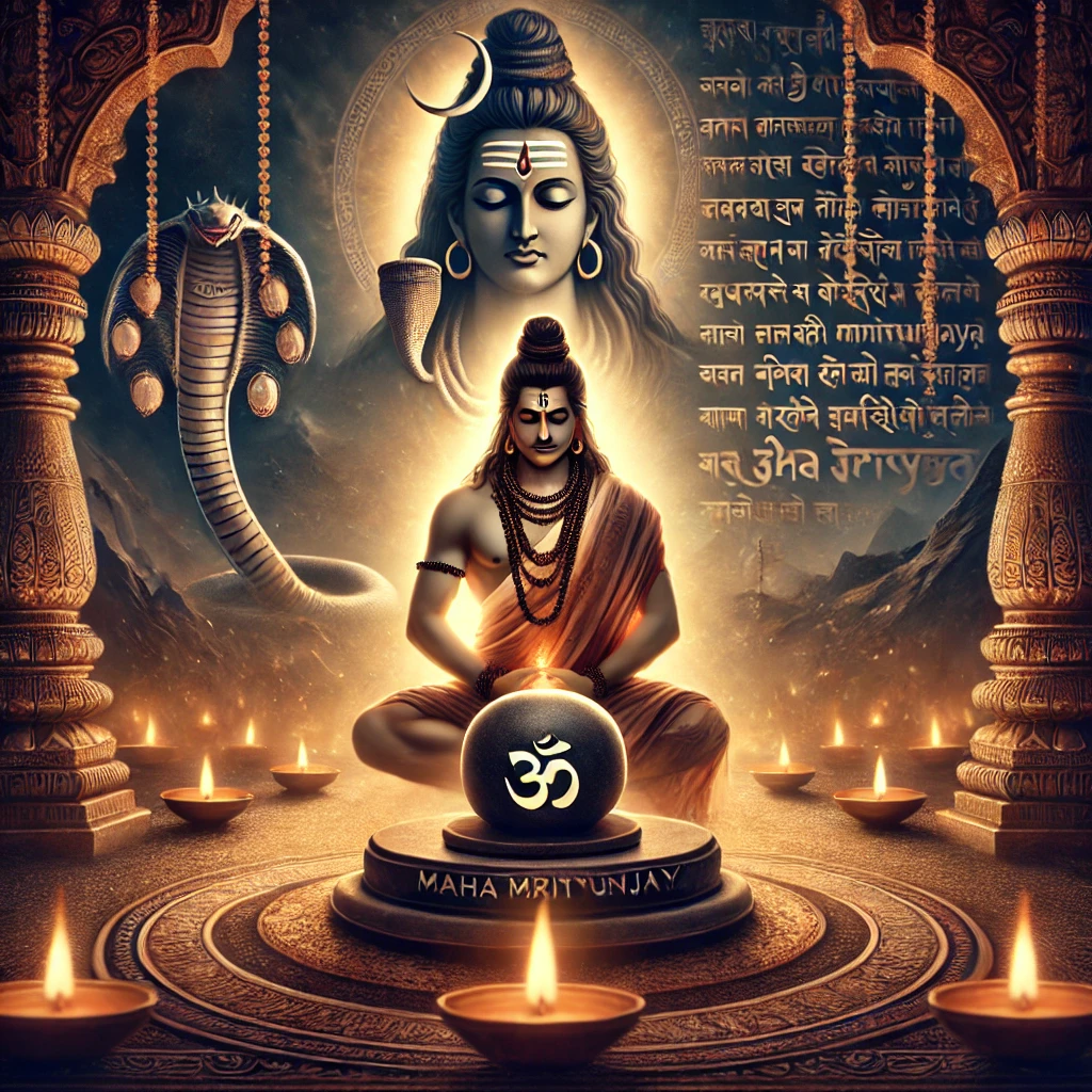 ।। Mahamrityunjaya Mantra।। महामृत्युंजय जाप एक दिव्य और रहस्यमय अनुष्ठान 7 DALL·E 2025 02 25 18.57.29 A serene depiction of a devotee sitting in meditation before a Shiva Lingam performing Maha Mrityunjaya Jaap. The scene is illuminated by the glow of