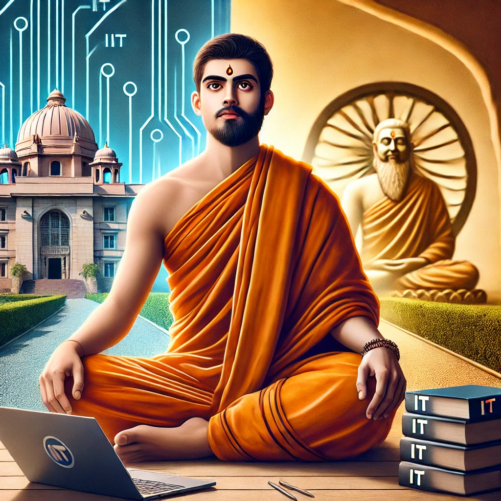 IIT BABA: एक इंजीनियर से संन्यासी बनने की अनसुनी कहानी और विवाद 1 DALL·E 2025 03 04 00.34.51 A high quality digital illustration of IIT Baba a modern Indian spiritual figure with a background in engineering. The image shows a young Indian m